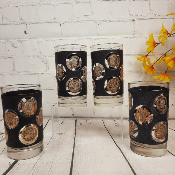 Vintage 4 Libbey Coin‎ Textured Highball Glasses Black & Gold - Picture 3 of 9